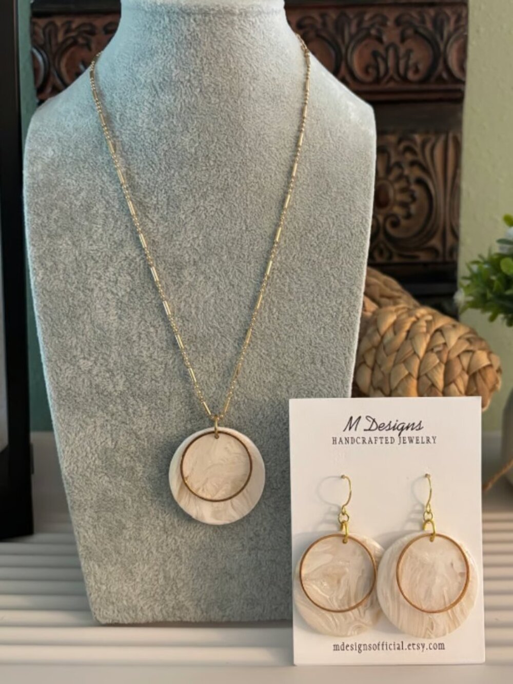 Polymer Clay White Opal Earrings and Necklace Set on Gold